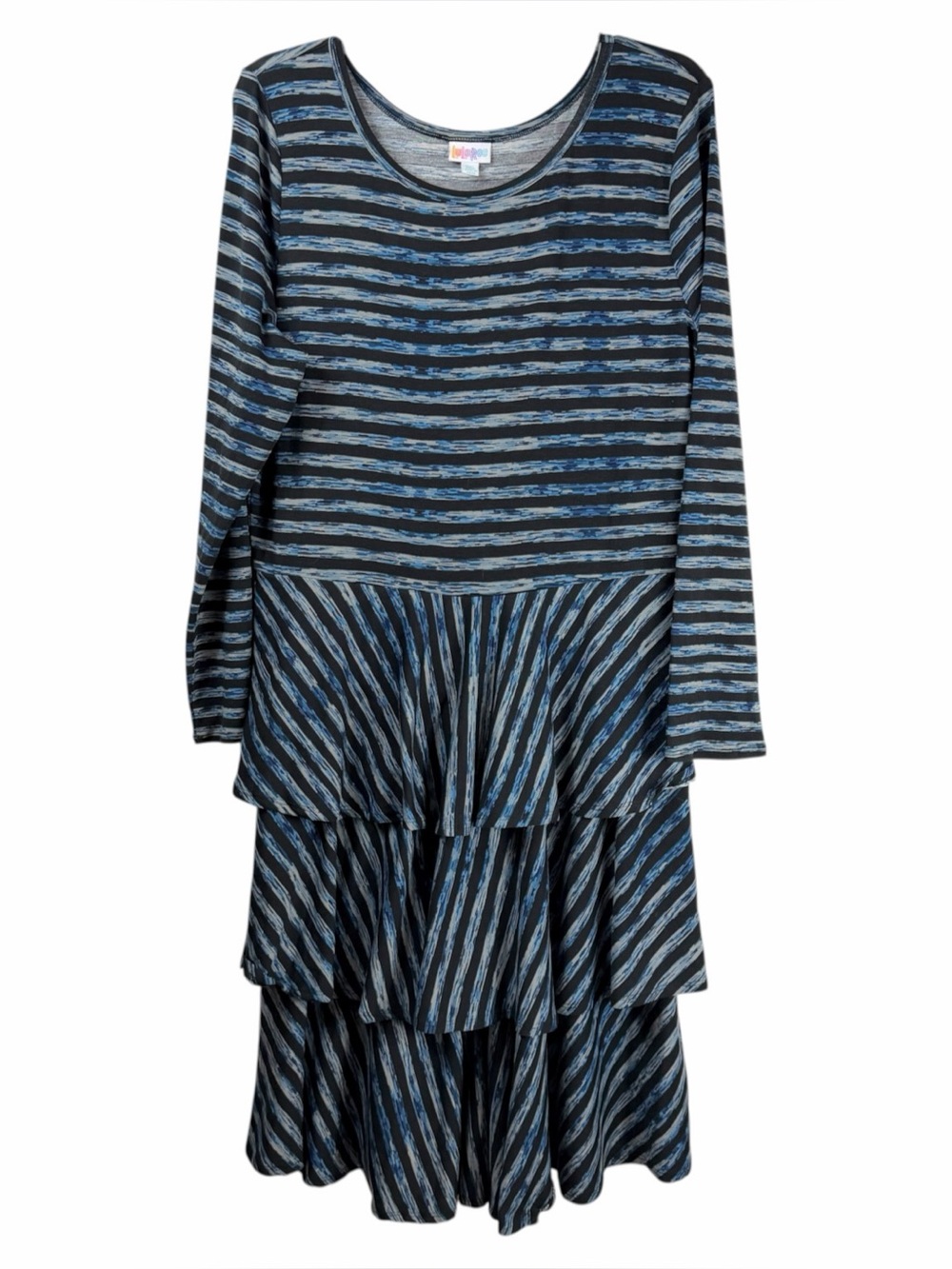 LuLaRoe Georgia Tiered Dress Blue Black Striped Midi Length Womens Size 2XL